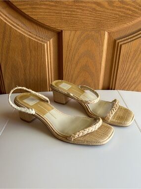 Dolce Vita Riya Raffia Block Heel Sandals Cream Woven Size 8.5